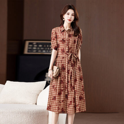 Lady's New Fashion Houndstooth Silk dress Lace-up Slim-fit Silk Mid-length Dress
