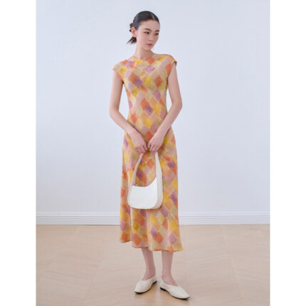 Rongtai Contrast Color Western Style Single Layer Heavy Silk dress Women's Summer